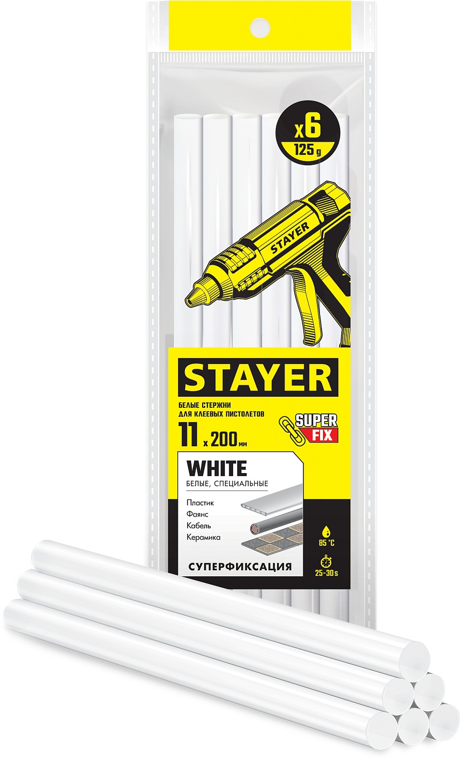 STAYER White, белые, 11 х 200 мм, 6 шт, клеевые стержни, Professional (2-06821-W-S06)