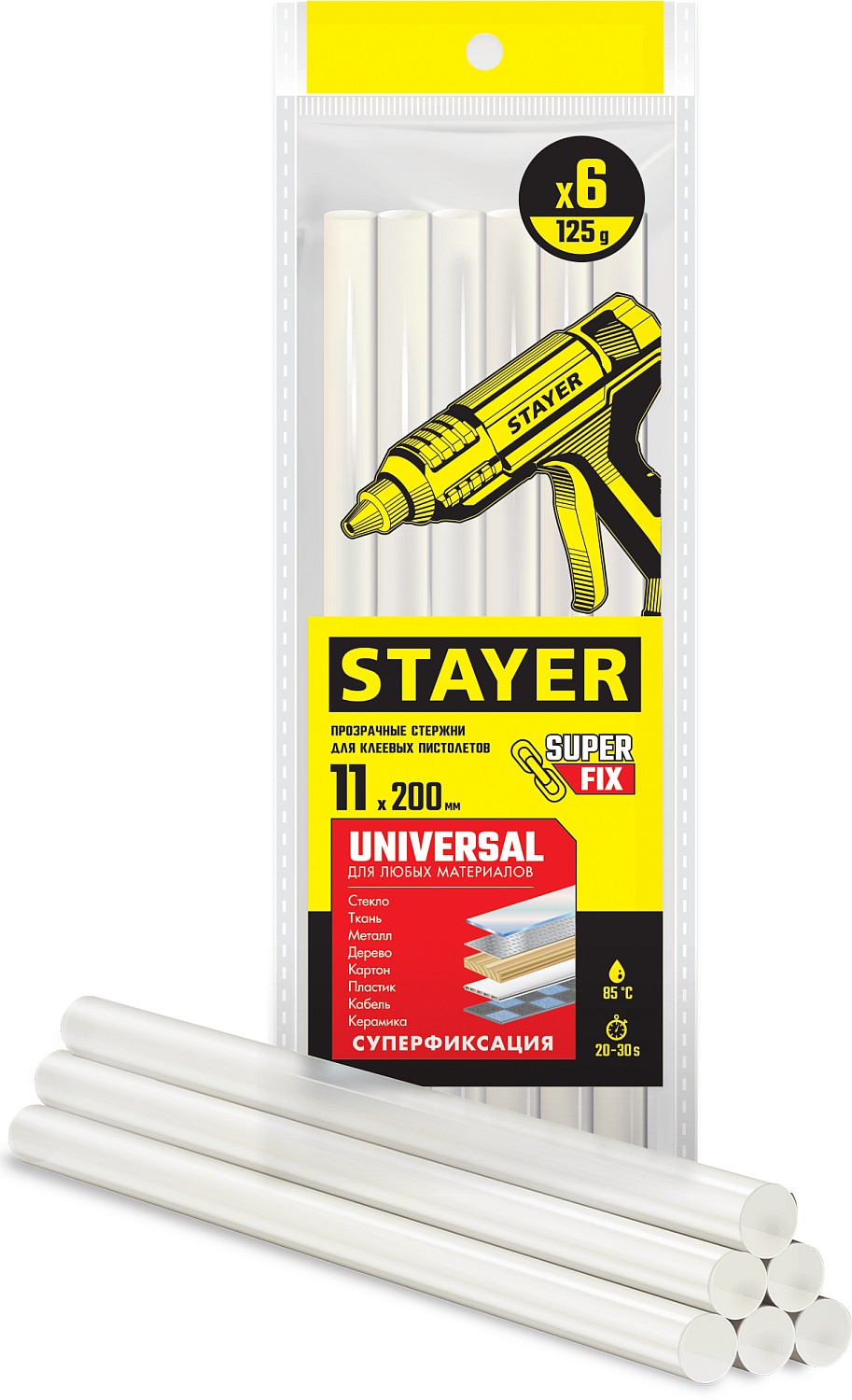 STAYER Universal, 11 х 200 мм, 6 шт, прозрачные, универсальные клеевые стержни, Professional (2-06821-T-S06)