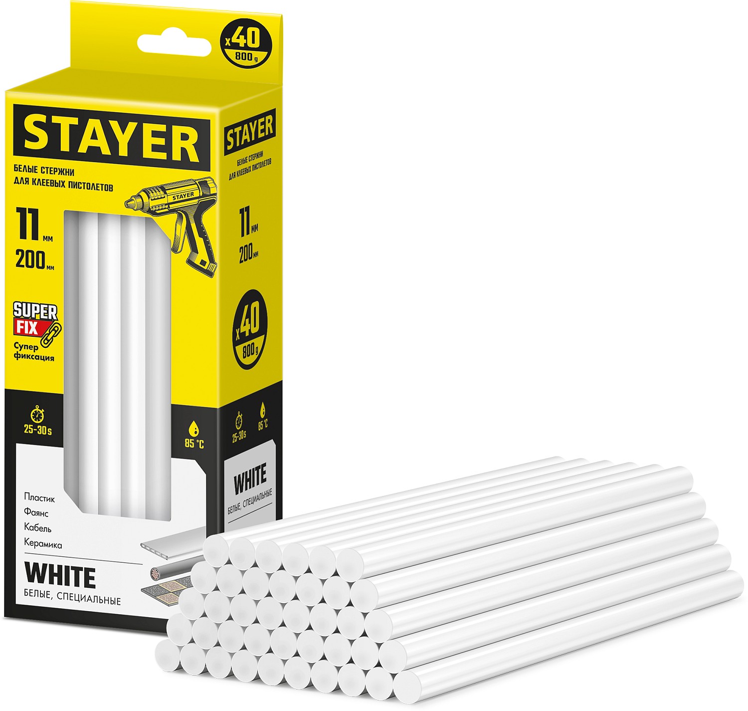 STAYER White, белые, 11 х 200 мм, 40 шт, клеевые стержни, Professional (2-06821-W-S40)