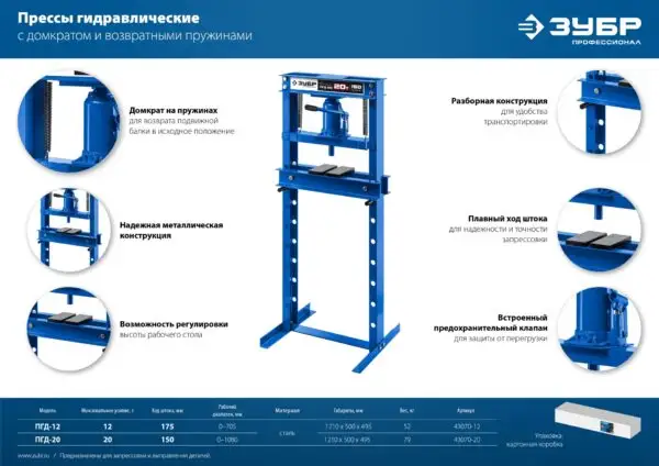 ЗУБР ПГД-12, 12 т, гидравлический пресс с домкратом и возвратными пружинами, Профессионал (43070-12) — изображение 9