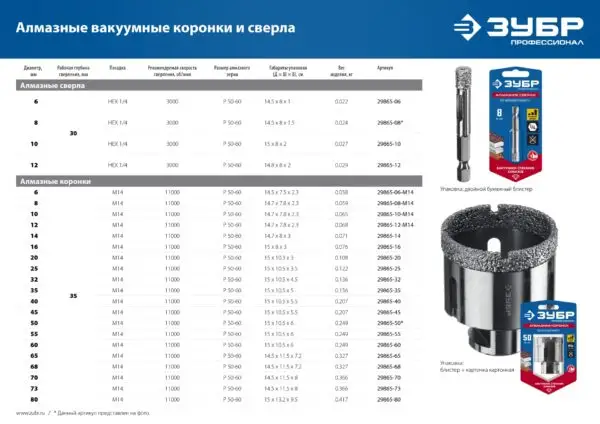 ЗУБР АВК, d 60 мм, (М14, 15 мм кромка), вакуумная алмазная коронка, Профессионал (29865-60) — изображение 6