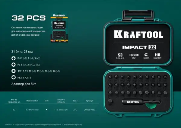 KRAFTOOL Impact-32, 32 шт, набор ударных бит (26066-H32) — изображение 9