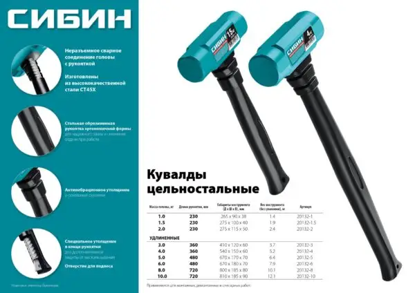 СИБИН 3 кг, 360 мм, цельностальная кувалда с удлинённой обрезиненной рукояткой (20132-3) — изображение 4