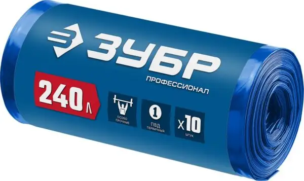 ЗУБР 240 л, 10 шт, синие, из первичного материала, особопрочные, строительные мусорные мешки, Профессионал (39159-240) — изображение 2