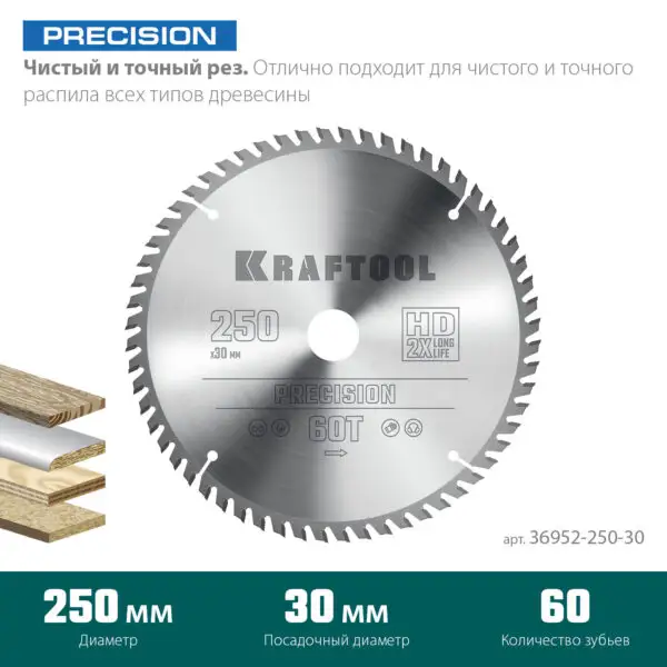 KRAFTOOL Precision, 250 х 30 мм, 60Т, пильный диск по дереву (36952-250-30) — изображение 3