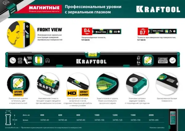 KRAFTOOL 1500 мм, усиленный профиль, с зеркальным глазком, магнитный уровень (34785-150) — изображение 10