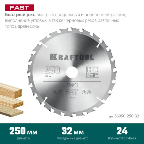 KRAFTOOL Fast, 250 х 32 мм, 24Т, пильный диск по дереву (36950-250-32) — изображение 3