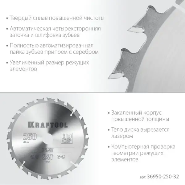 KRAFTOOL Fast, 250 х 32 мм, 24Т, пильный диск по дереву (36950-250-32) — изображение 4