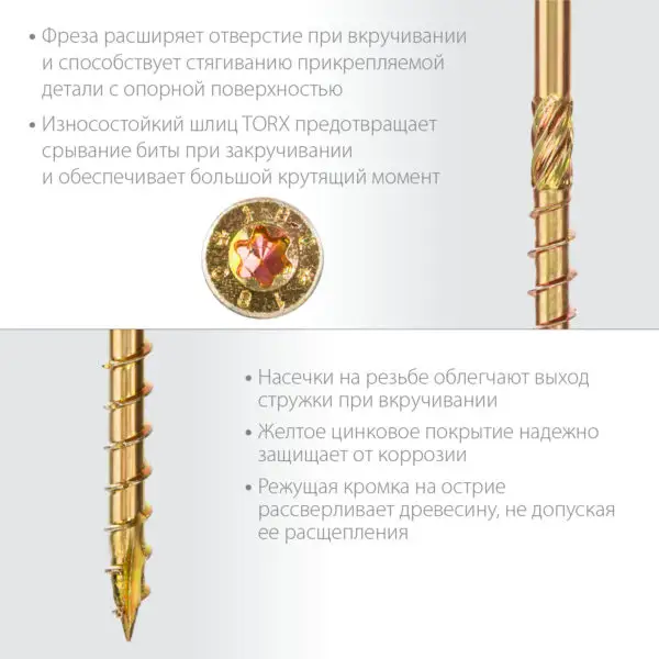 ЗУБР КС-П, 100 х 6.0 мм, TX30, потайная головка, желтый цинк, 100 шт, конструкционный саморез, Профессионал (30041-60-100) — изображение 3