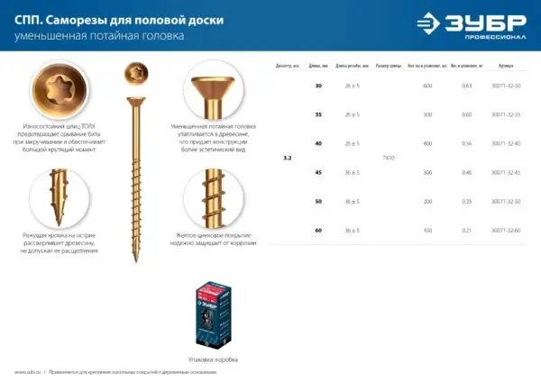 ЗУБР СПП, 60 х 3.2 мм, TX10, цинк, 100 шт, саморез для половой доски и паркета, Профессионал (30071-32-60) — изображение 5