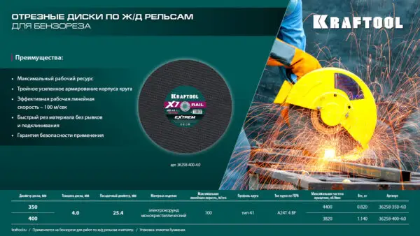 KRAFTOOL X7-EXTREM RAIL 350x4.0 / 25.4 мм по Ж/Д рельсам отрезной диск для бензореза (36258-350-4.0) — изображение 5