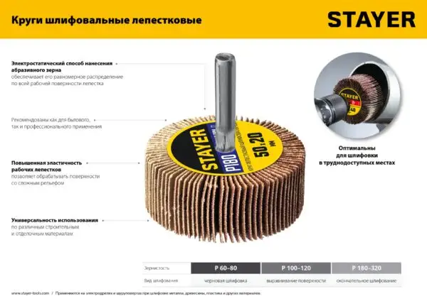 STAYER d 50 x 20 мм, P320, на шпильке d 6 мм, круг шлифовальный лепестковый (36607-320) — изображение 5