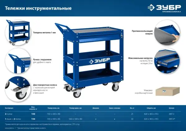 ЗУБР 820 х 405 х 955 мм, инструментальная тележка с 3 полками, Профессионал (38913) — изображение 6