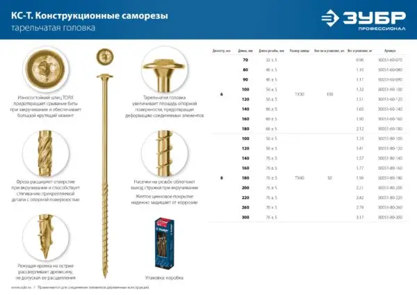 ЗУБР КС-Т, 100 х 8.0 мм, TX40, тарельчатая головка, желтый цинк, 50 шт, конструкционный саморез, Профессионал (30051-80-100) — изображение 5