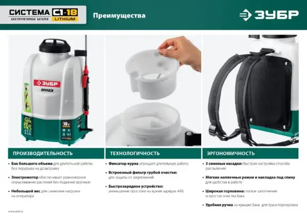 ЗУБР 15 л, 1 АКБ 4 А·ч, аккумуляторный опрыскиватель (ОПЛ-15-41) — изображение 10