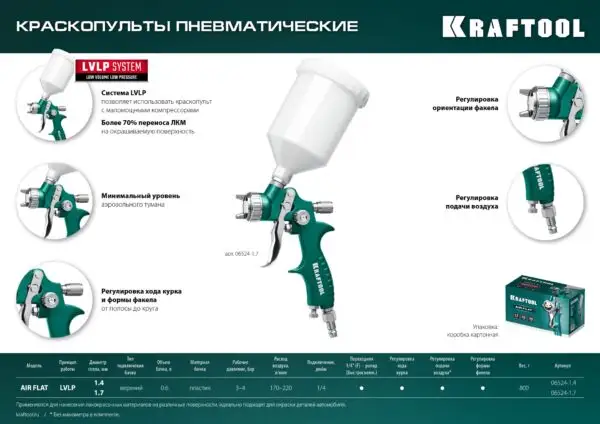 KRAFTOOL AirFlat, LVLP, 1.7 мм, пневматический краскопульт с верхним бачком (06524-1.7) — изображение 7