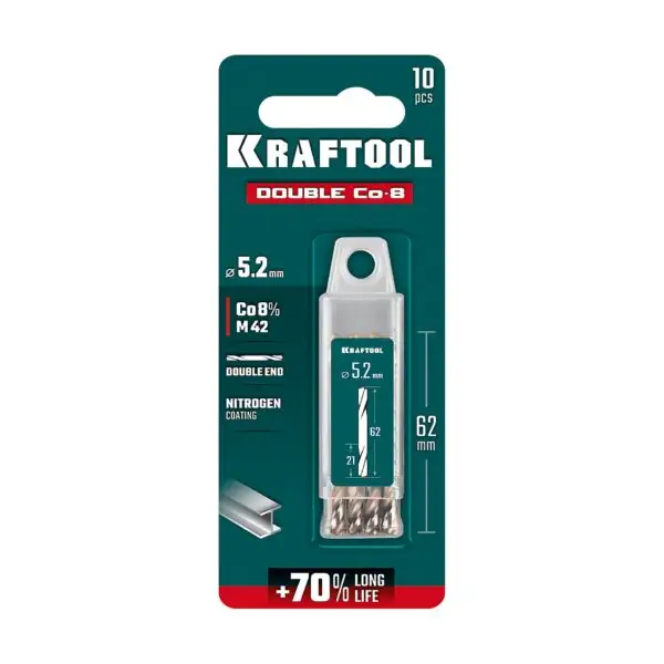 KRAFTOOL DOUBLE Сo-8 5.2х62мм, Сверло двухстороннее по металлу, сталь M42(+8%Co), класс А (29654-5.2-10) — изображение 2