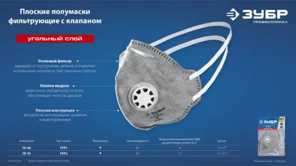 ЗУБР ПГ-95, класс защиты FFP2, плоская, с угольным слоем, фильтрующая полумаска с клапаном выдоха, Профессионал (11167-2) — изображение 6