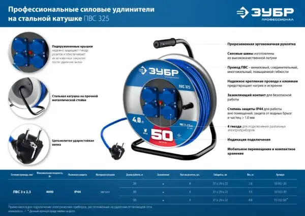 ЗУБР ПВС-325, ПВС, 3 x 2.5 мм2, 50 м, 4000 Вт, IP44, силовой удлинитель на стальной катушке, Профессионал (55102-50) — изображение 8