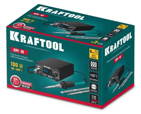 KRAFTOOL KPI-10, 50 - 480°C, 100 Вт, 3 жала Т12, программируемая паяльная станция (55343) — изображение 2