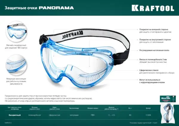 KRAFTOOL PANORAMA стекло из поликарбоната с покрытием от царапин и запотевания, обтюратор из PVC, непрямая вентиляция, защитные очки (11008) — изображение 5