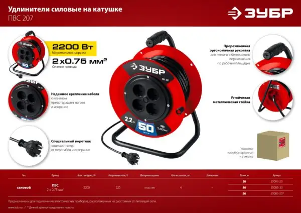 ЗУБР ПВС-207, ПВС, 2 х 0.75 мм2, 20 м, 2200 Вт, удлинитель на катушке (55083-20) — изображение 5