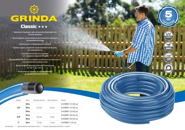 GRINDA Classic, 3/4″, 25 м, 20 атм, трёхслойный, армированный, сетчатое армирование полиамидной нитью, поливочный шланг (8-429001-3/4-25) — изображение 9