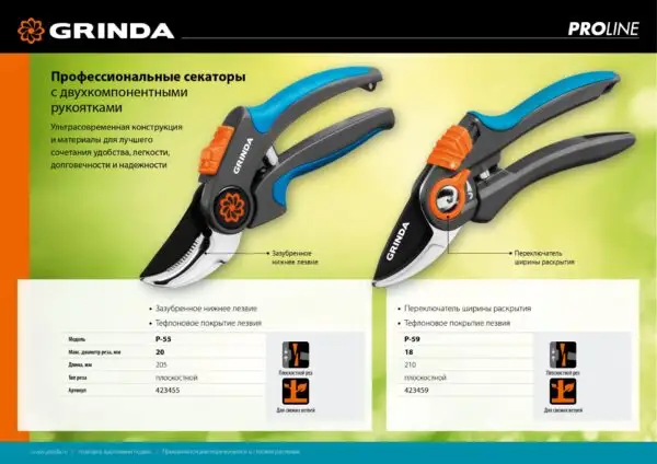 GRINDA P-55, 205 мм, с двухкомпонентными рукоятками, плоскостной секатор, PROLine (423455) — изображение 13
