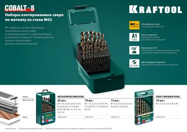 KRAFTOOL COBALT-8, 10 шт, (1-10 мм), сталь М42, HSS-Co(8%), набор сверл по металлу (29656-H10) — изображение 7