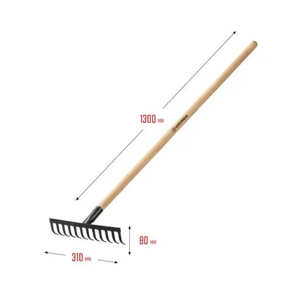 GRINDA GT-12 WOOD, 310 х 80 х 1300 мм, 12 прямых зубцов, углерод. сталь, антикор. покрытие, черенок дерев. высш. сорт, садовые грабли (39583-12) — изображение 9