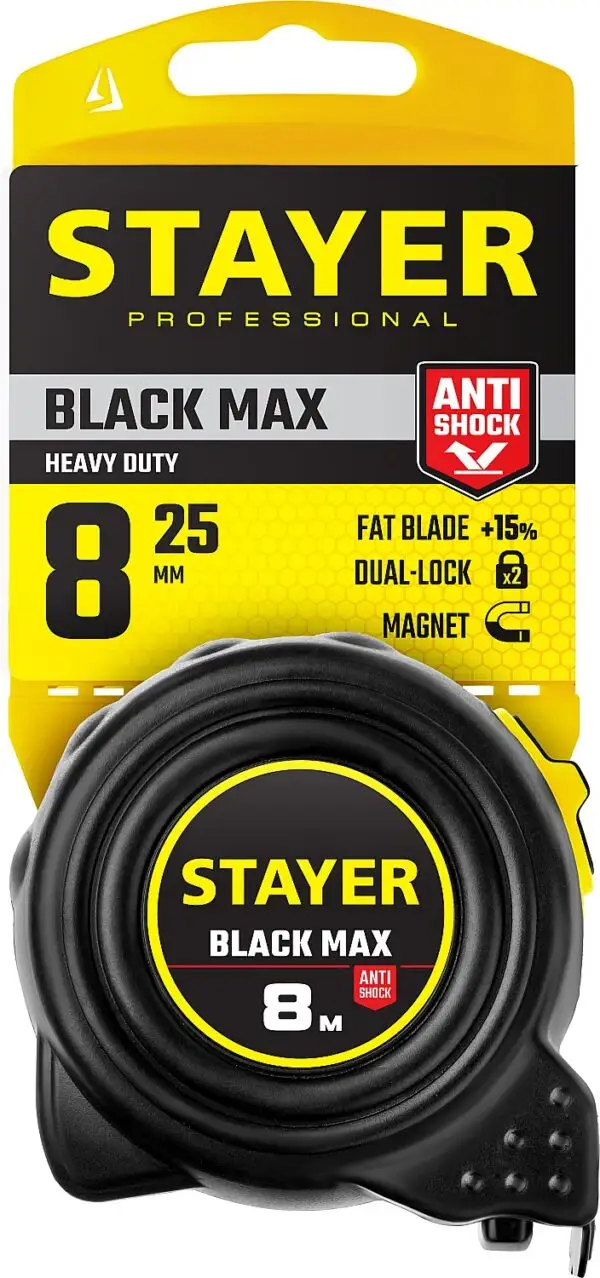 STAYER BlackMax, 8 м х 25 мм, рулетка с двумя фиксаторами, Professional (3410-08) — изображение 4