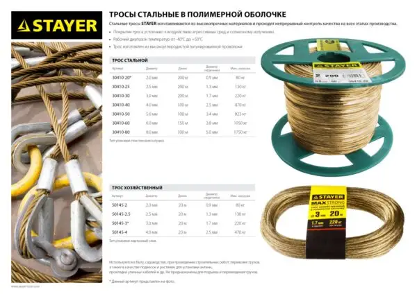 STAYER 6 мм, L 150 м, стальной трос в полимерной оболочке (30410-60) — изображение 3