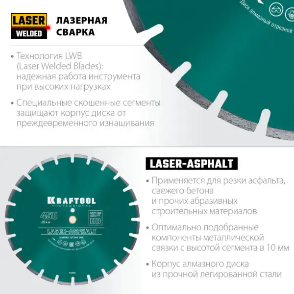 KRAFTOOL LASER-ASPHALT 450 мм (25.4/20 мм, 10х4.0 мм), алмазный диск (36687-450) — изображение 7