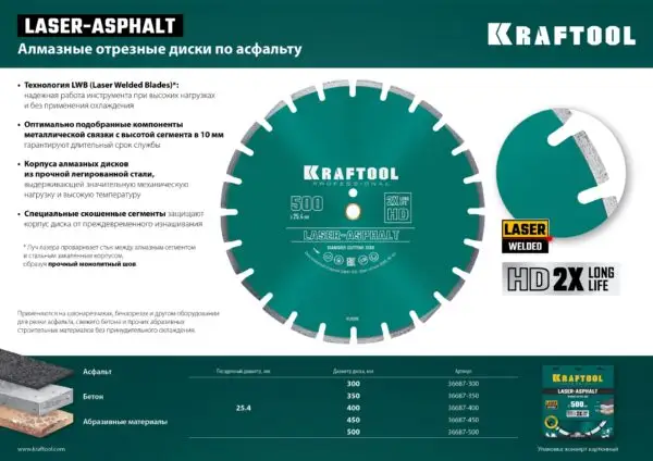 KRAFTOOL LASER-ASPHALT 450 мм (25.4/20 мм, 10х4.0 мм), алмазный диск (36687-450) — изображение 9