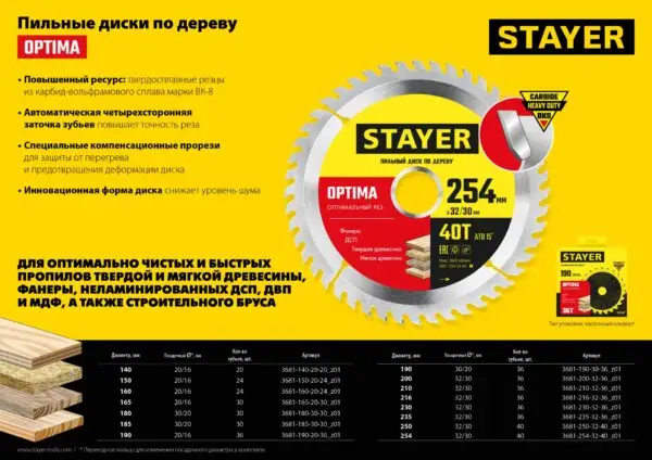 STAYER Optima, 190 x 20/16 мм, 36Т, оптимальный рез, пильный диск по дереву (3681-190-20-36) — изображение 7