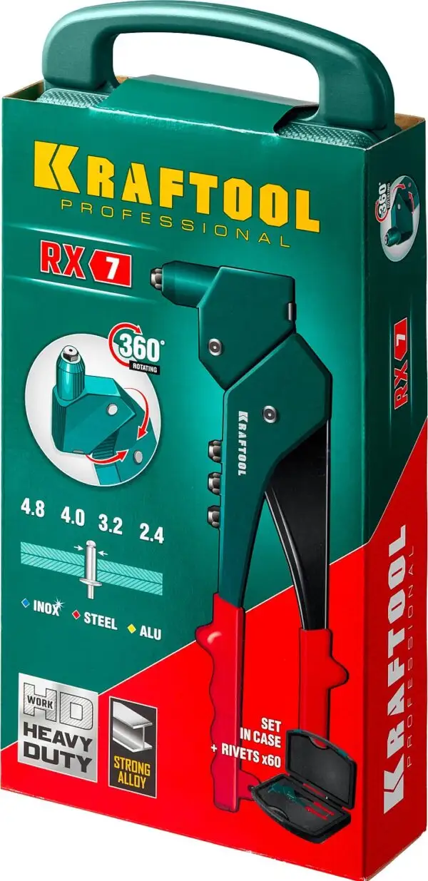 KRAFTOOL RX-7, 360°, 2.4 - 4.8 мм, литой поворотный заклепочник в кейсе (31176-H6) — изображение 11
