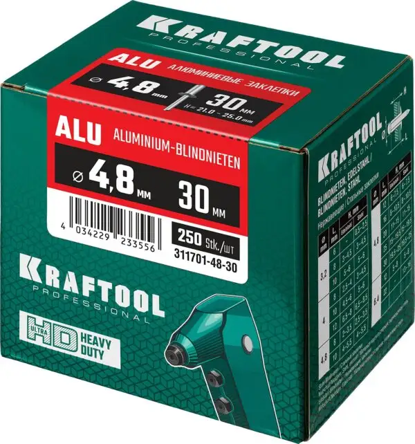 KRAFTOOL Alu (Al5052), 4.8 x 30 мм, 250 шт, алюминиевые заклепки (311701-48-30) — изображение 6