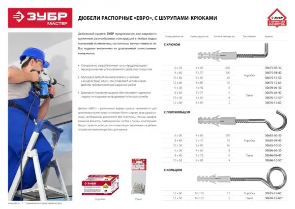 ЗУБР ЕВРО, 12 х 60 / 8 х 135 мм, 2 шт, распорный дюбель с шурупом-крюком (30696-12-60) — изображение 7