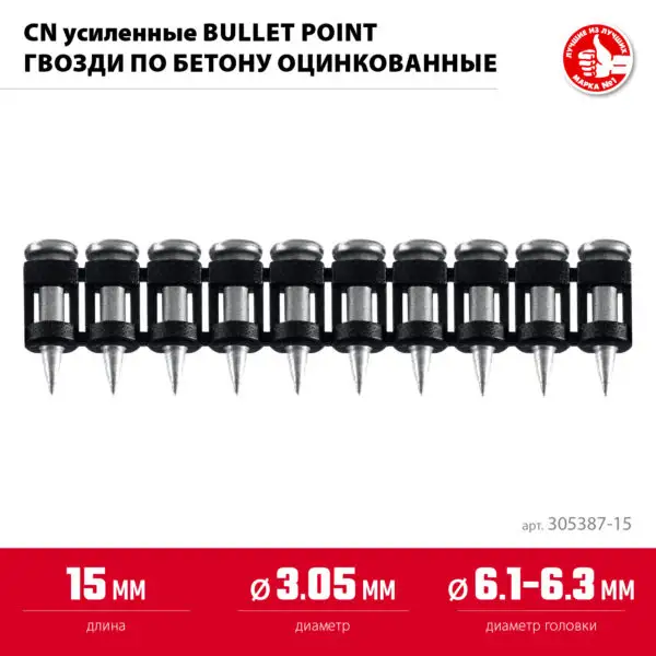 ЗУБР CN усиленные bullet point 15 х 3.05 мм, гвозди по бетону оцинкованные, 1000 шт (305387-15) — изображение 3
